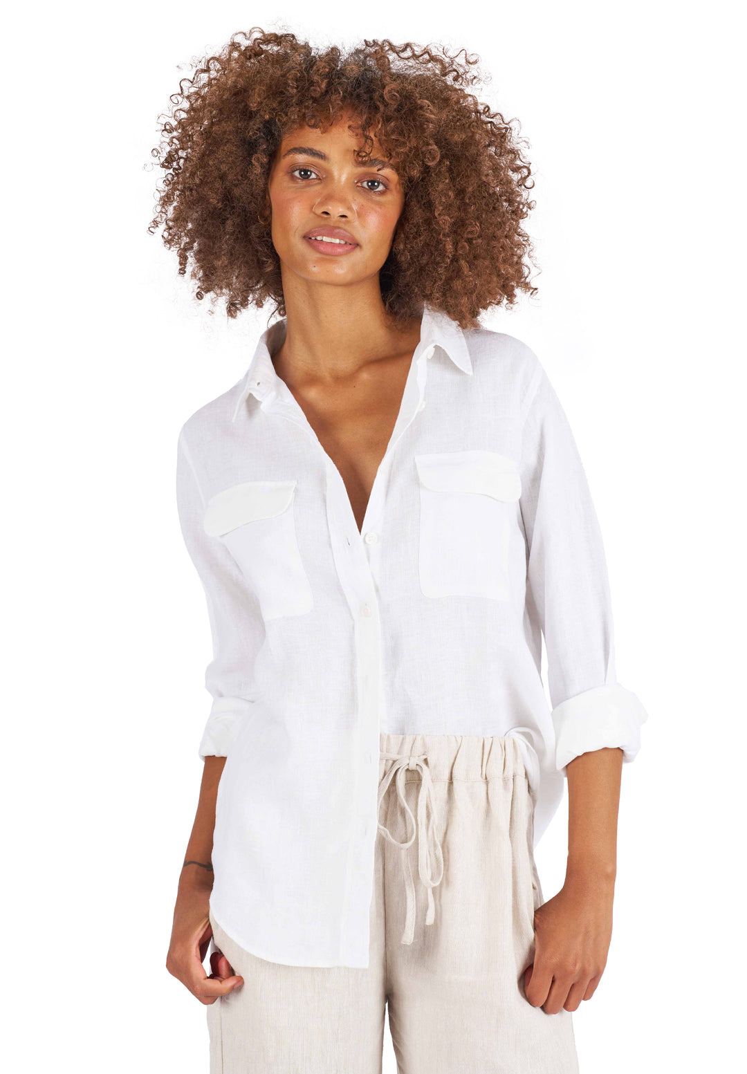 Lete-Linen White Relaxed Linen Shirt with Pockets