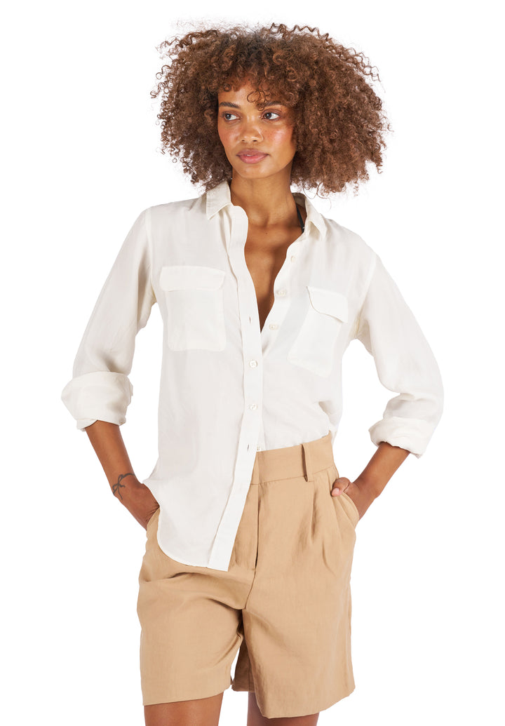 Lete-Silk White Relaxed Fit Sand Washed Silk Shirt