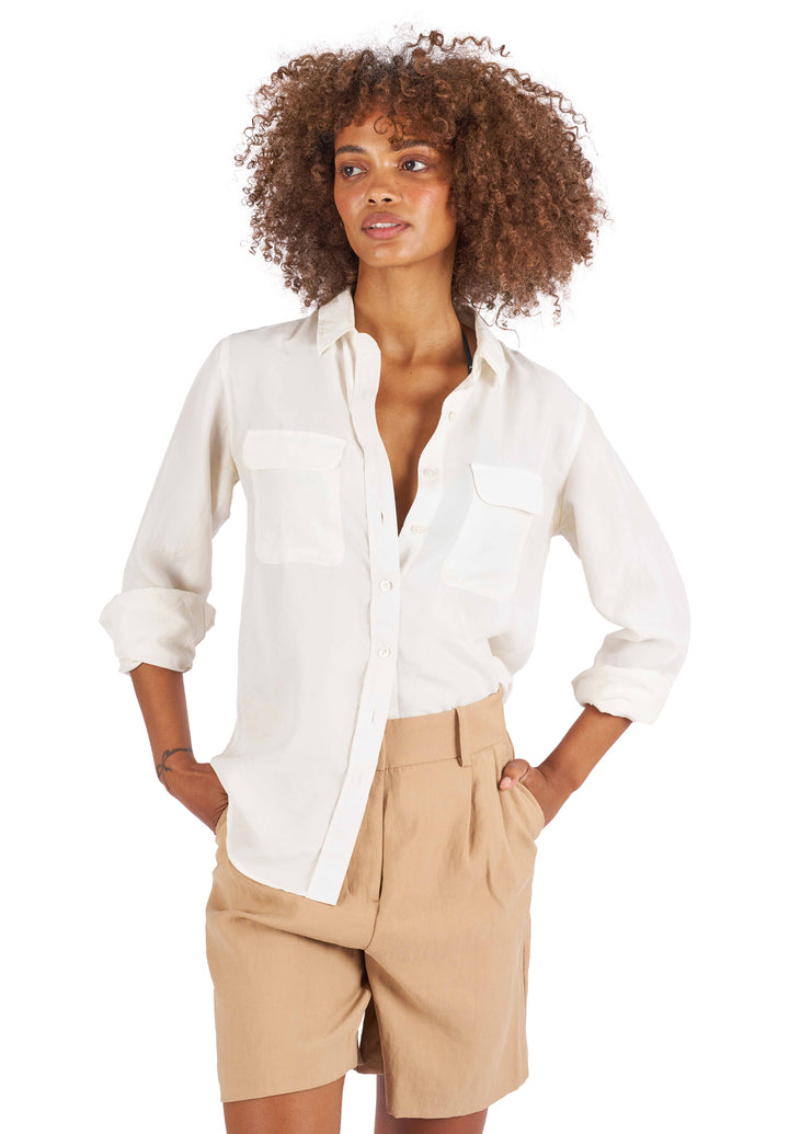 Lete-Silk White Relaxed Fit Sand Washed Silk Shirt