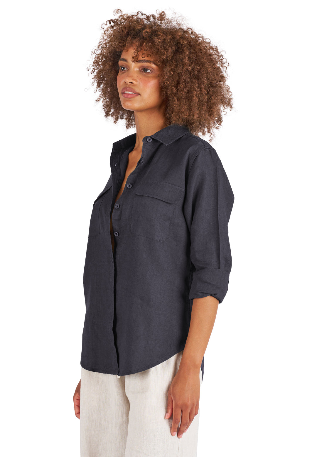 Lete-Linen Black Relaxed Linen Shirt with Pockets