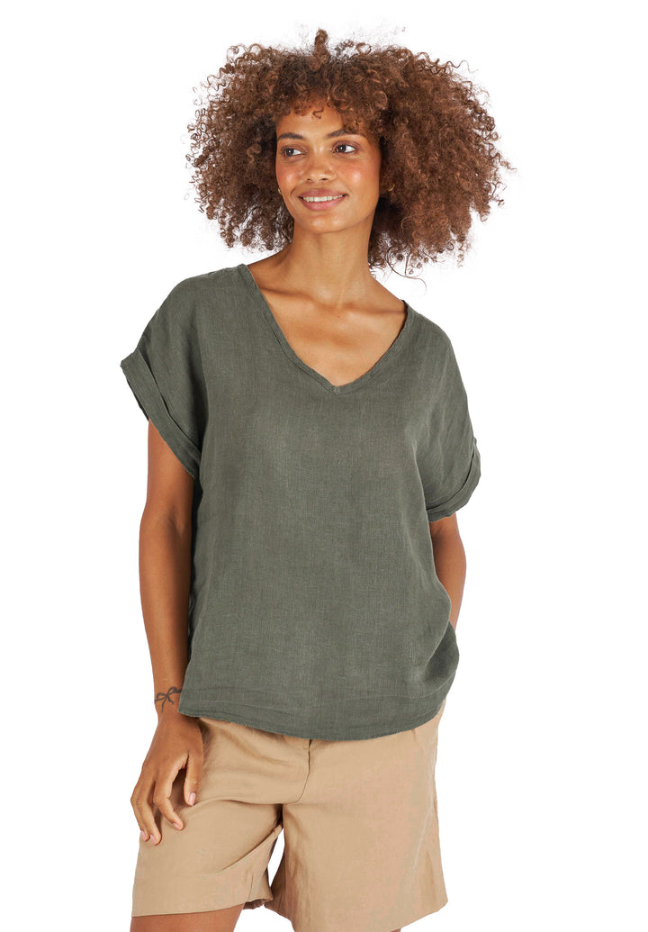 Martina Olive Green Sand Washed Linen T-Shirt