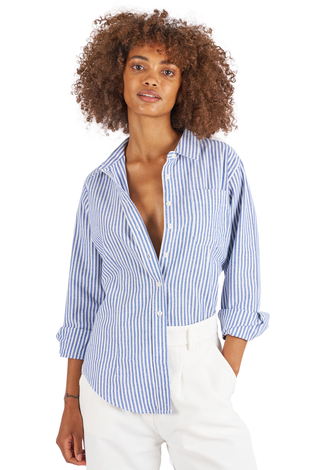 Rina Navy Blue Pin Stripes Slim-Fit Linen Cotton Shirt