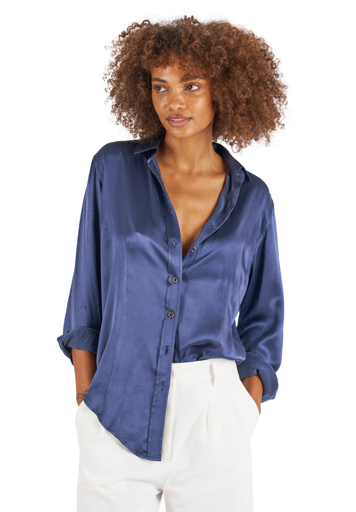 Satin-Silk Avio Blue Relaxed Charmeuse Silk Shirt