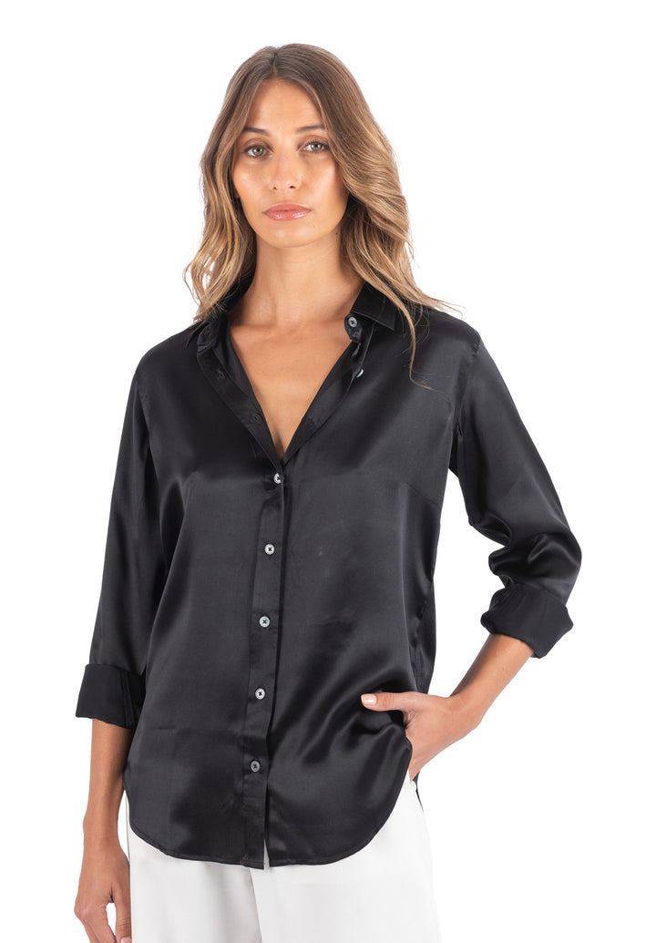 Satin-Silk Black Relaxed Charmeuse Silk Shirt