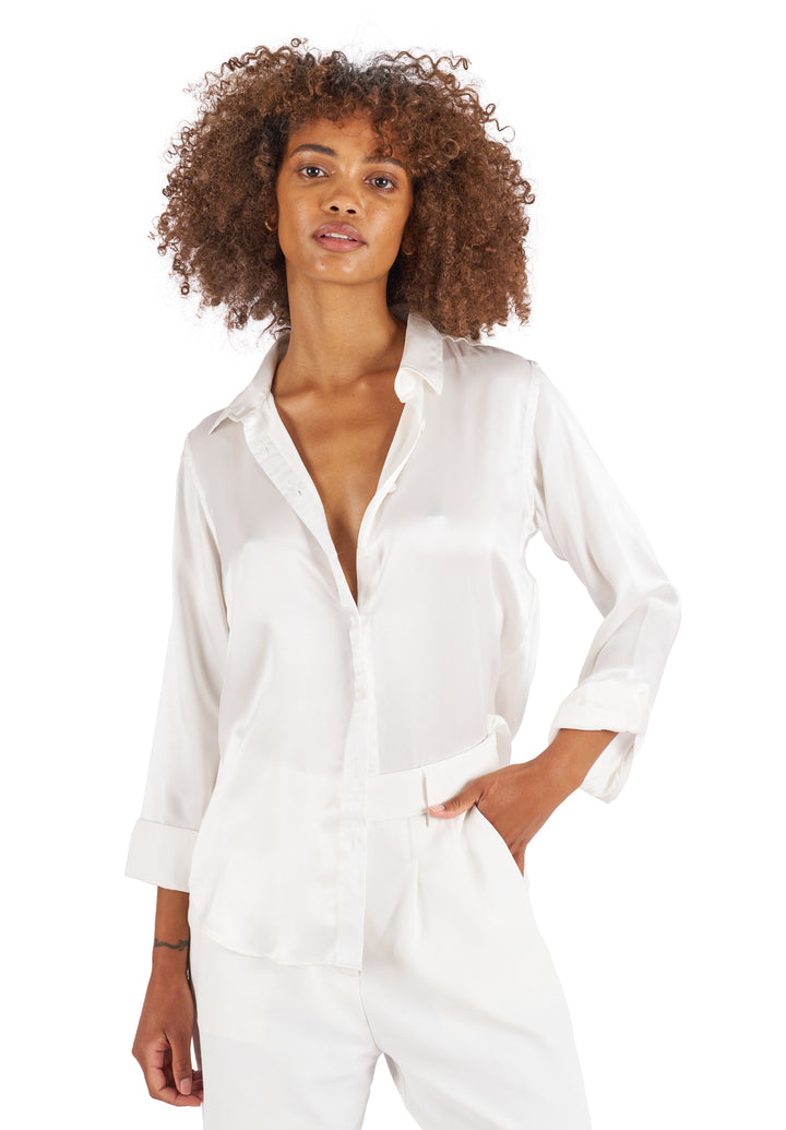 Satin-Silk White Relaxed Charmeuse Silk Shirt