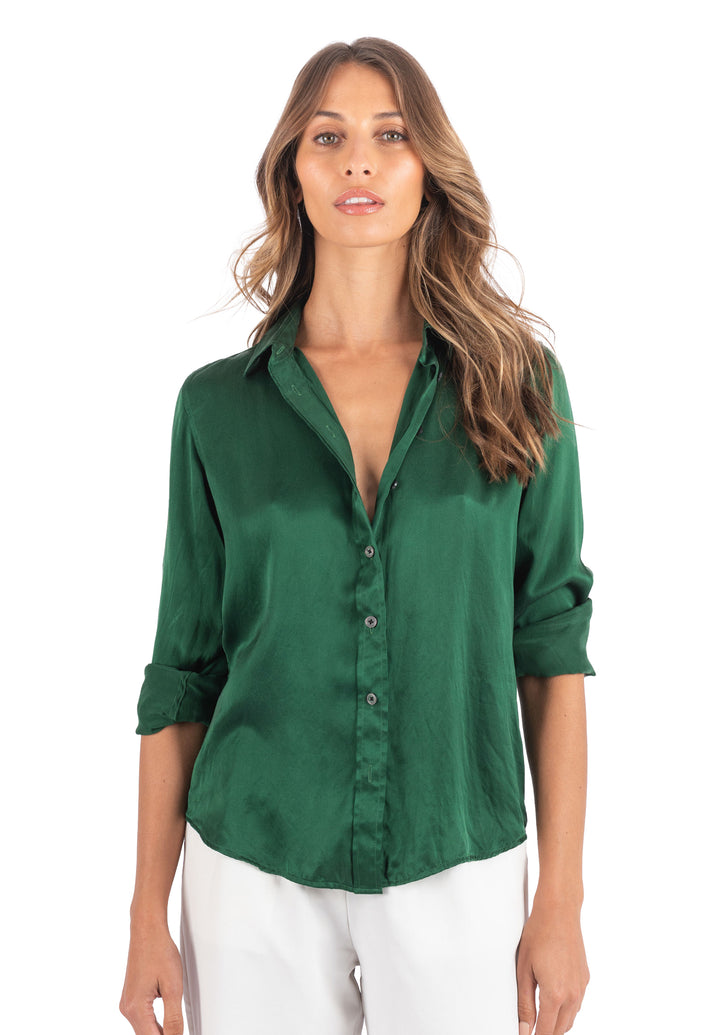 Satin-Silk Emerald Green Relaxed Charmeuse Silk Shirt