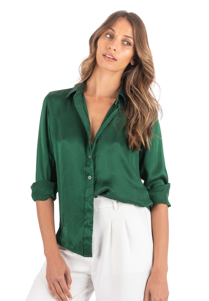 Satin-Silk Emerald Green Relaxed Charmeuse Silk Shirt