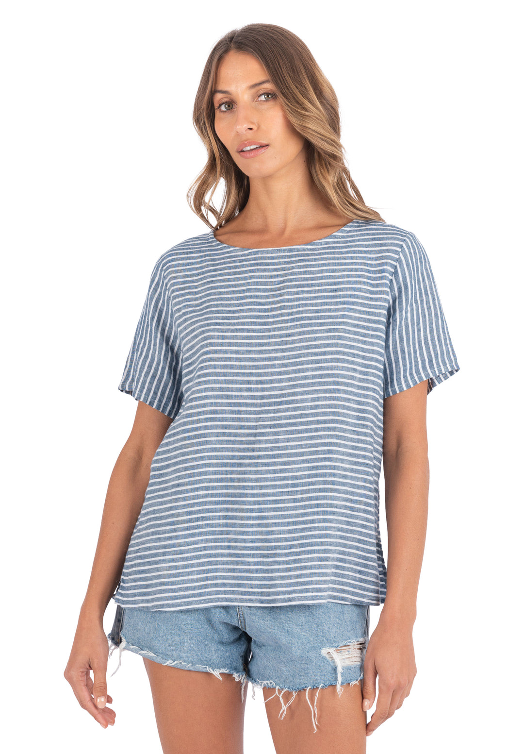 Teena-Linen Indigo Stripes T-Shirt
