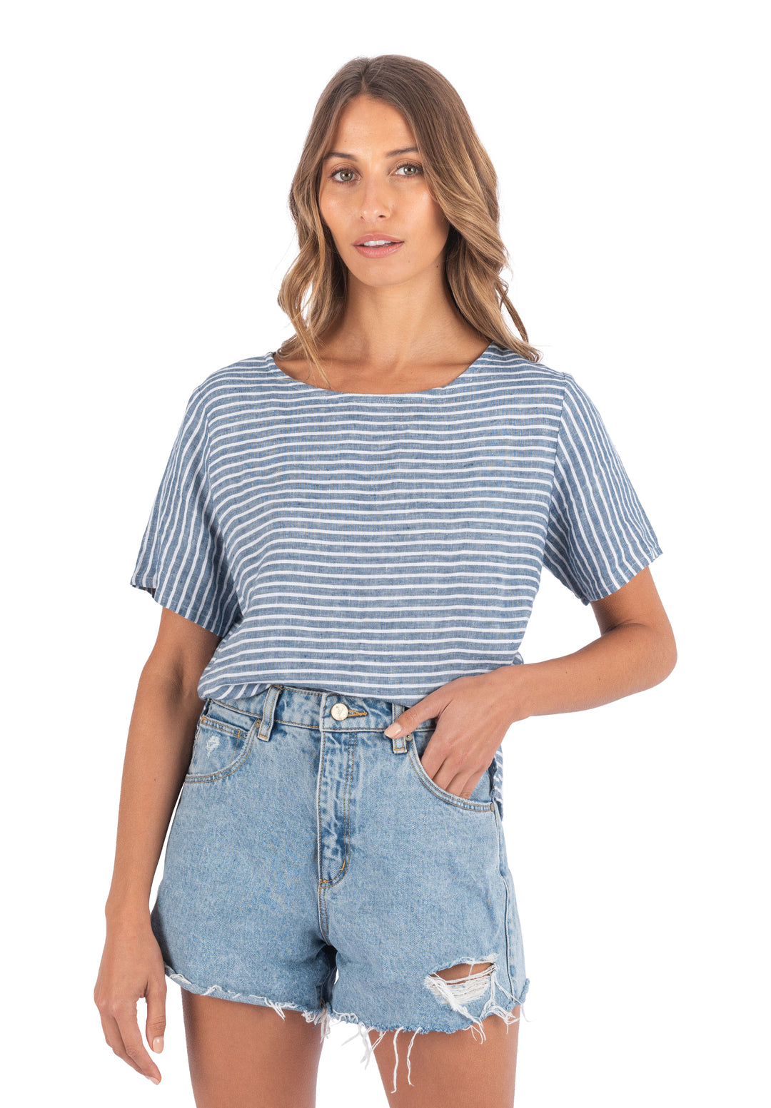 Teena-Linen Indigo Stripes T-Shirt