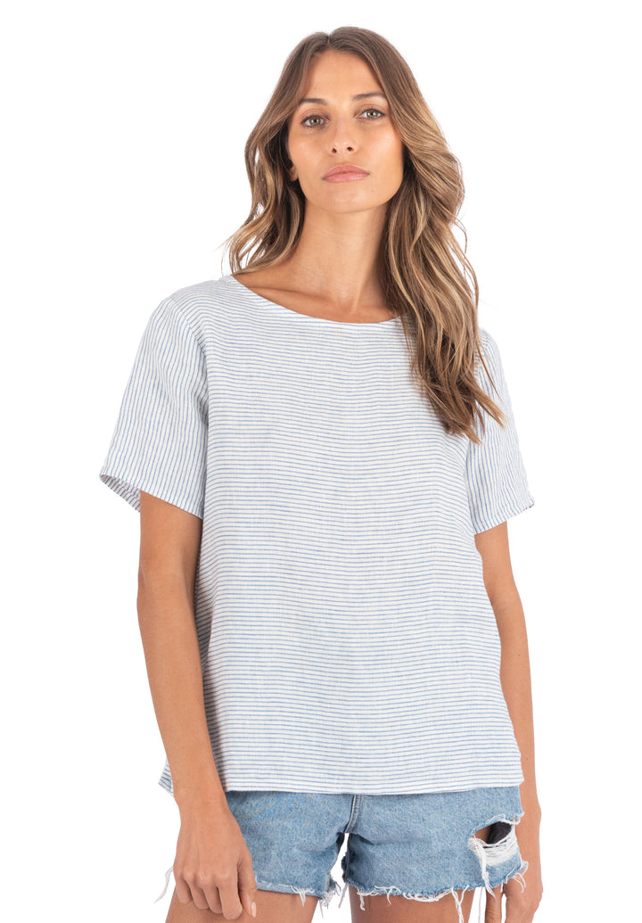 Teena-Linen Light Blue Stripes T-Shirt