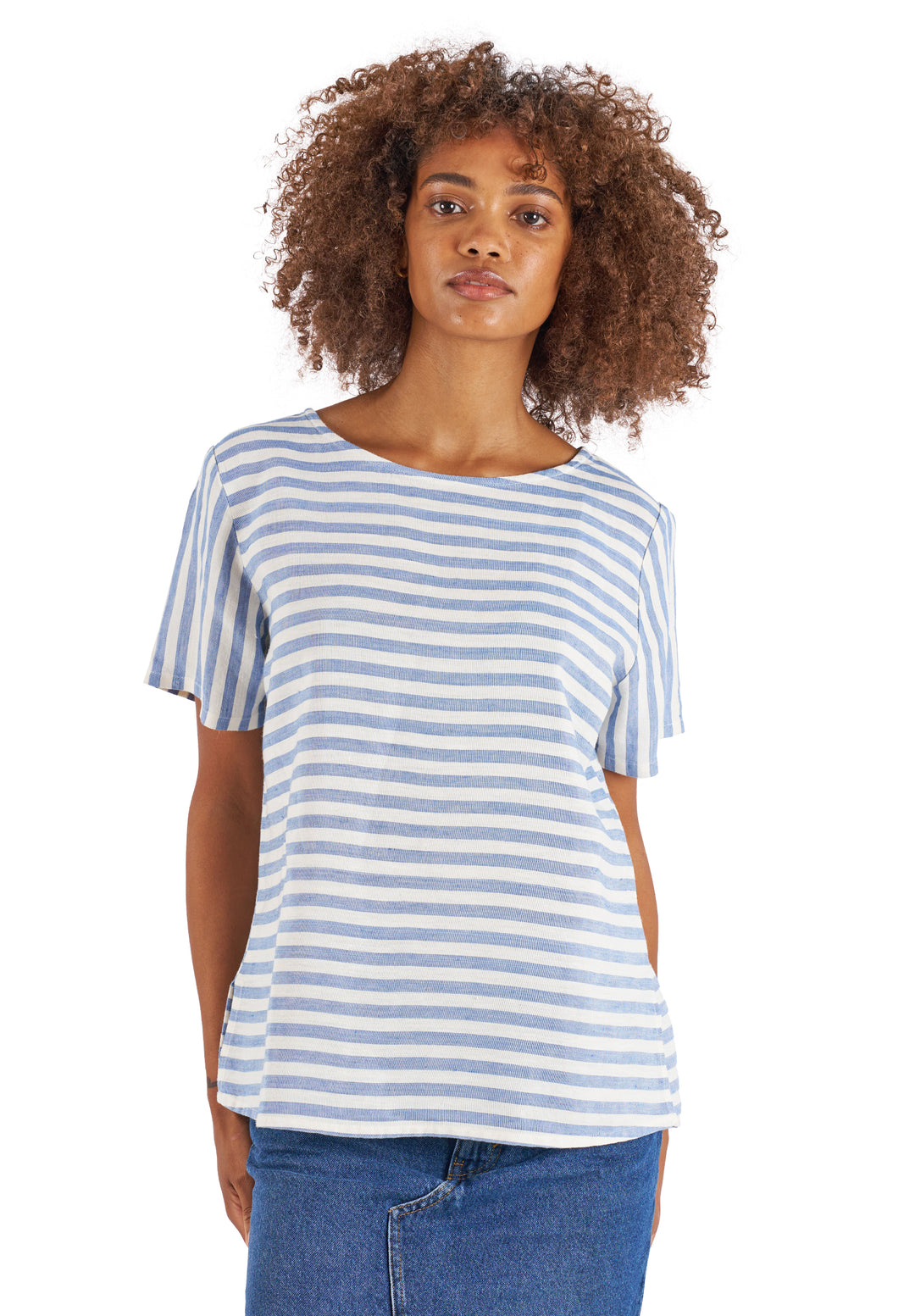 Teena-Linen Thick Blue Stripes T-Shirt