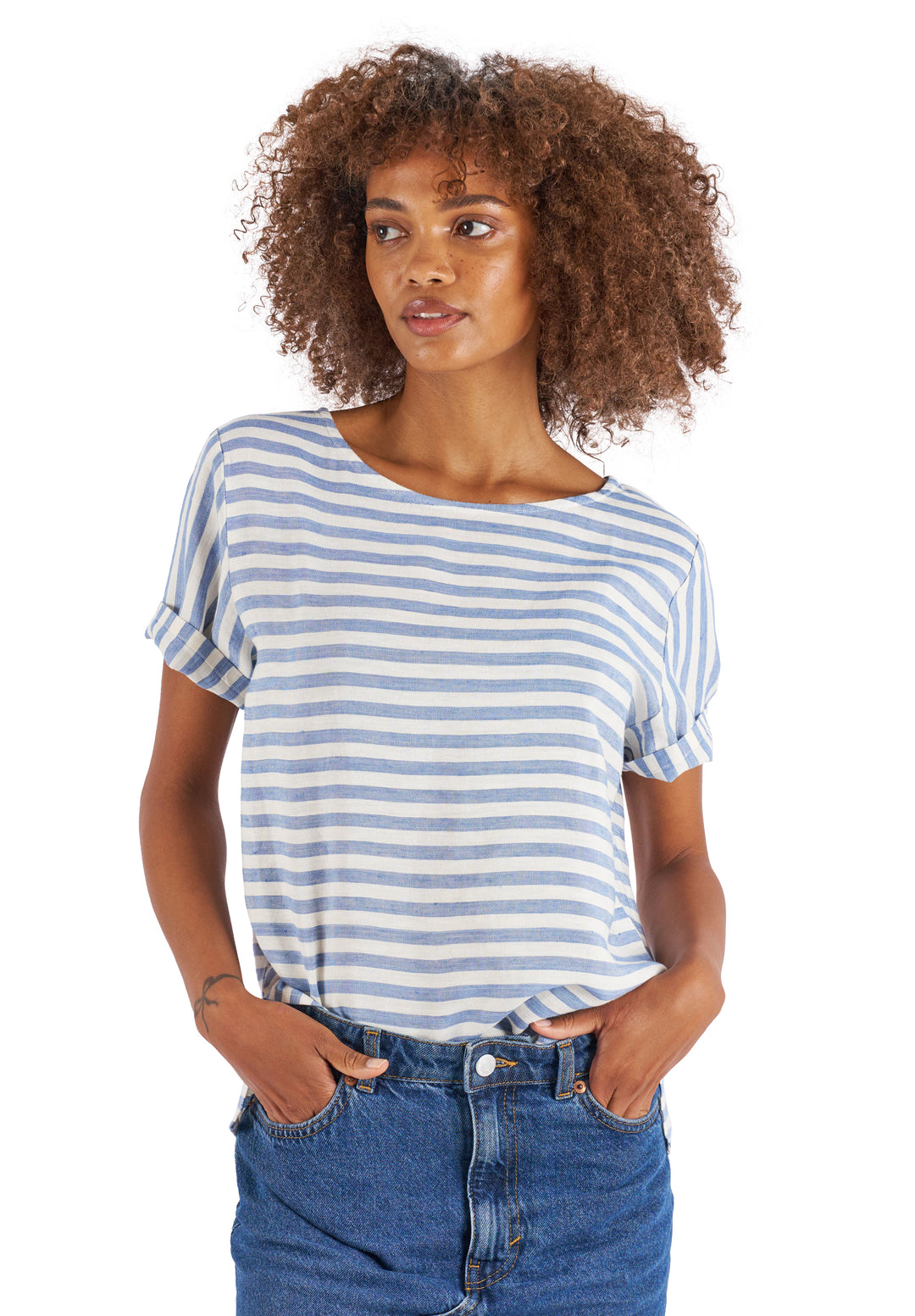 Teena-Linen Thick Blue Stripes T-Shirt