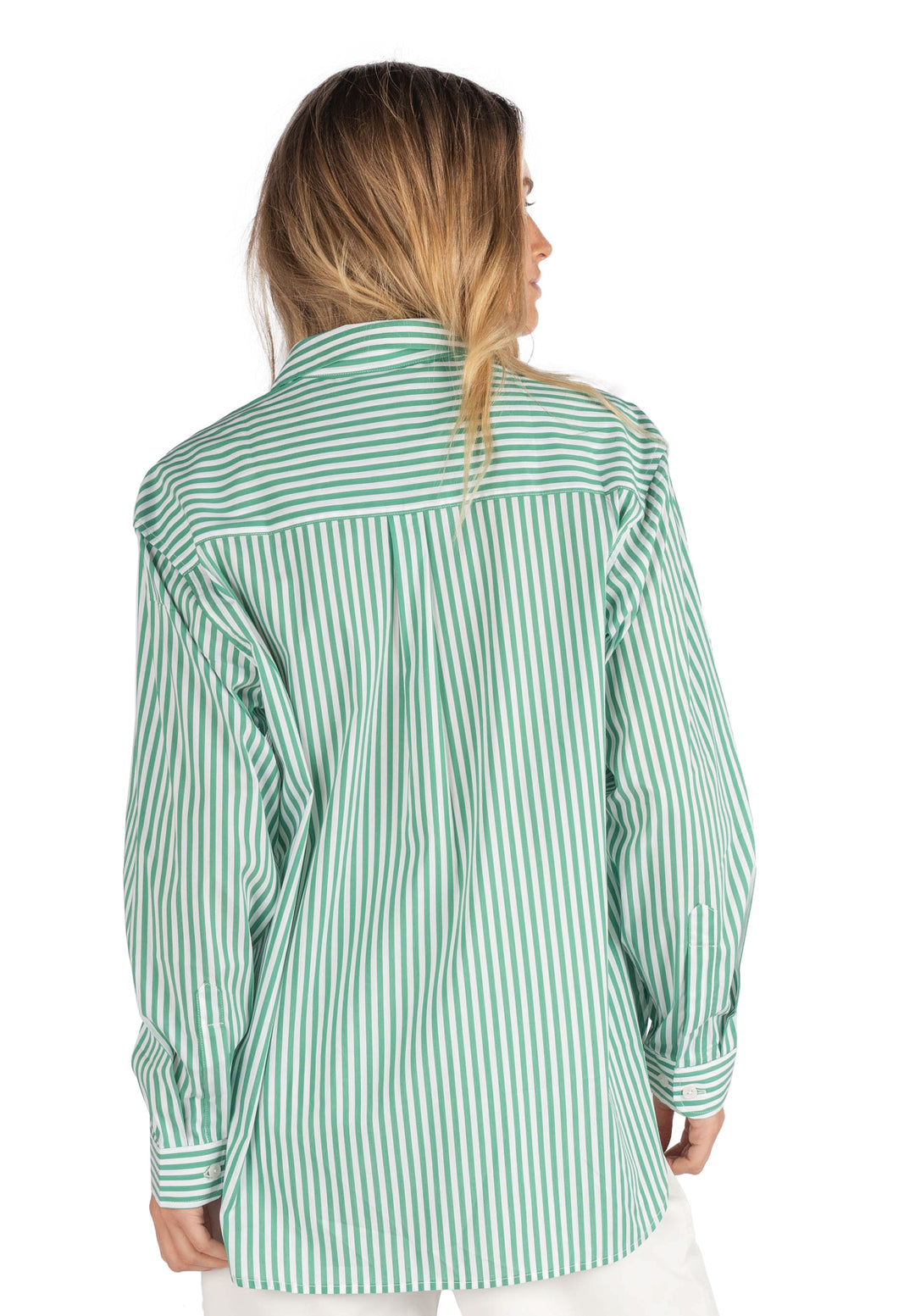 Poppy-Cotton Green Stripes Oversized Cotton Shirt