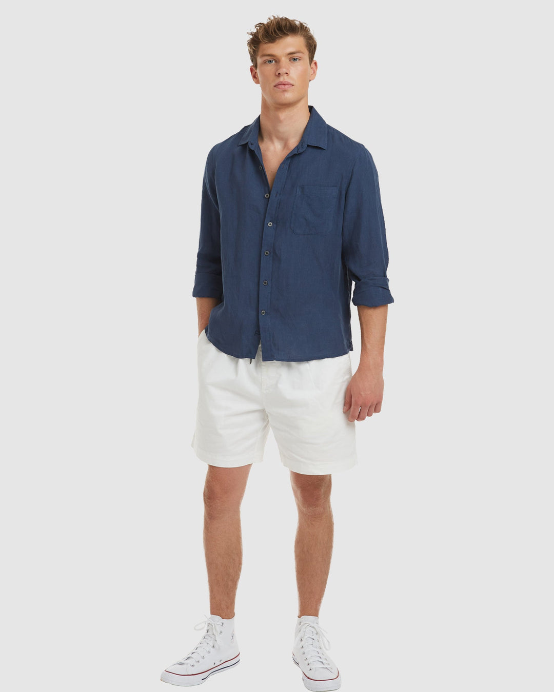 Ravello-LS No Tuck Navy Linen Shirt - Slim Fit