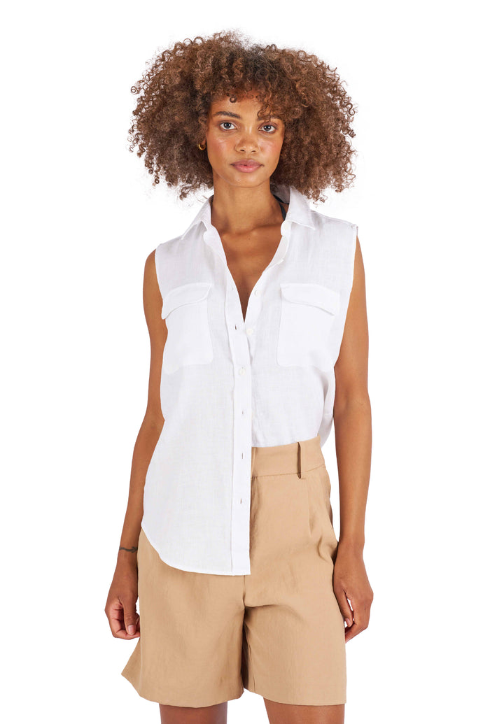 Aura White, Sleeveless Linen Shirt with Pockets