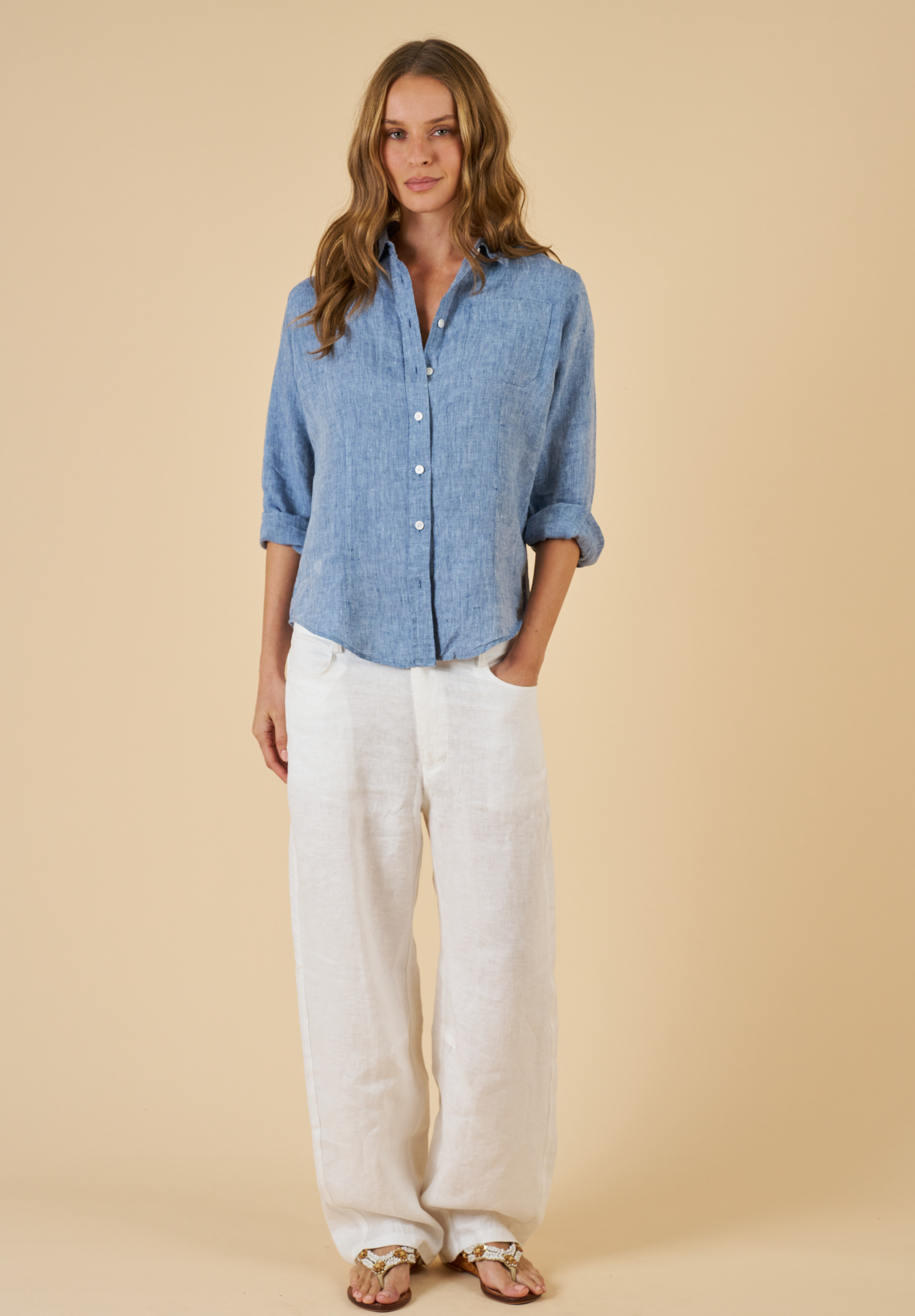 Lina Blue Melange Slim-Fit Linen Shirt