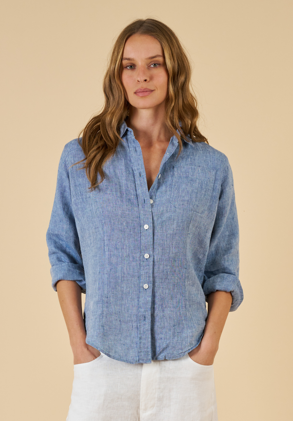 Lina Blue Melange Slim-Fit Linen Shirt