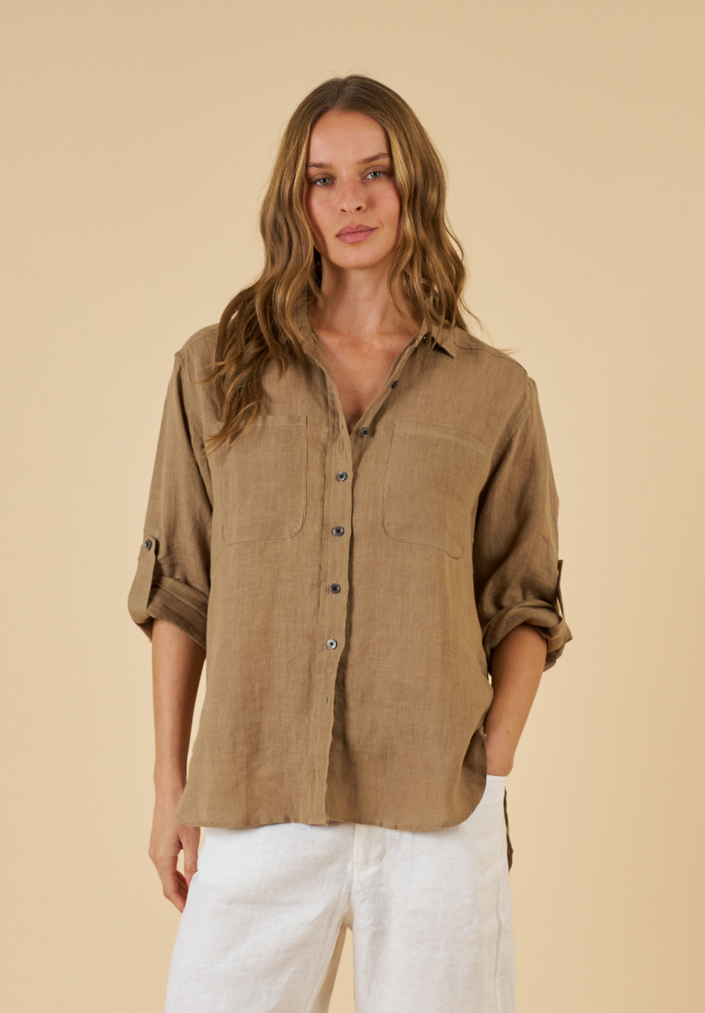 Luna Hazelnut Oversized Linen Shirt with Pockets