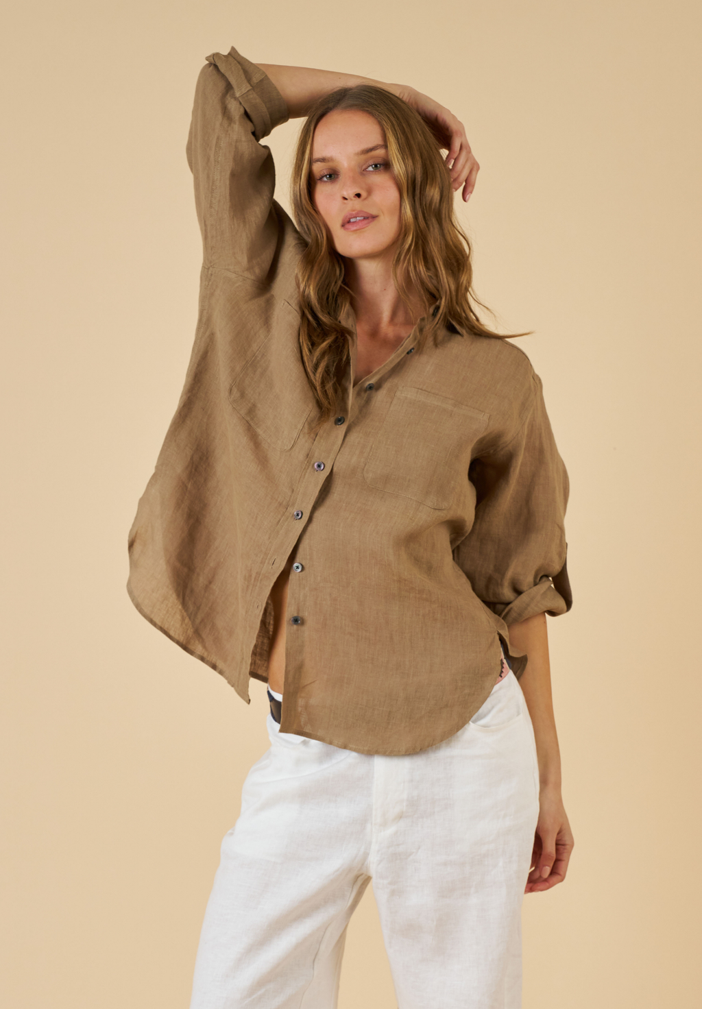 Luna Hazelnut Oversized Linen Shirt with Pockets
