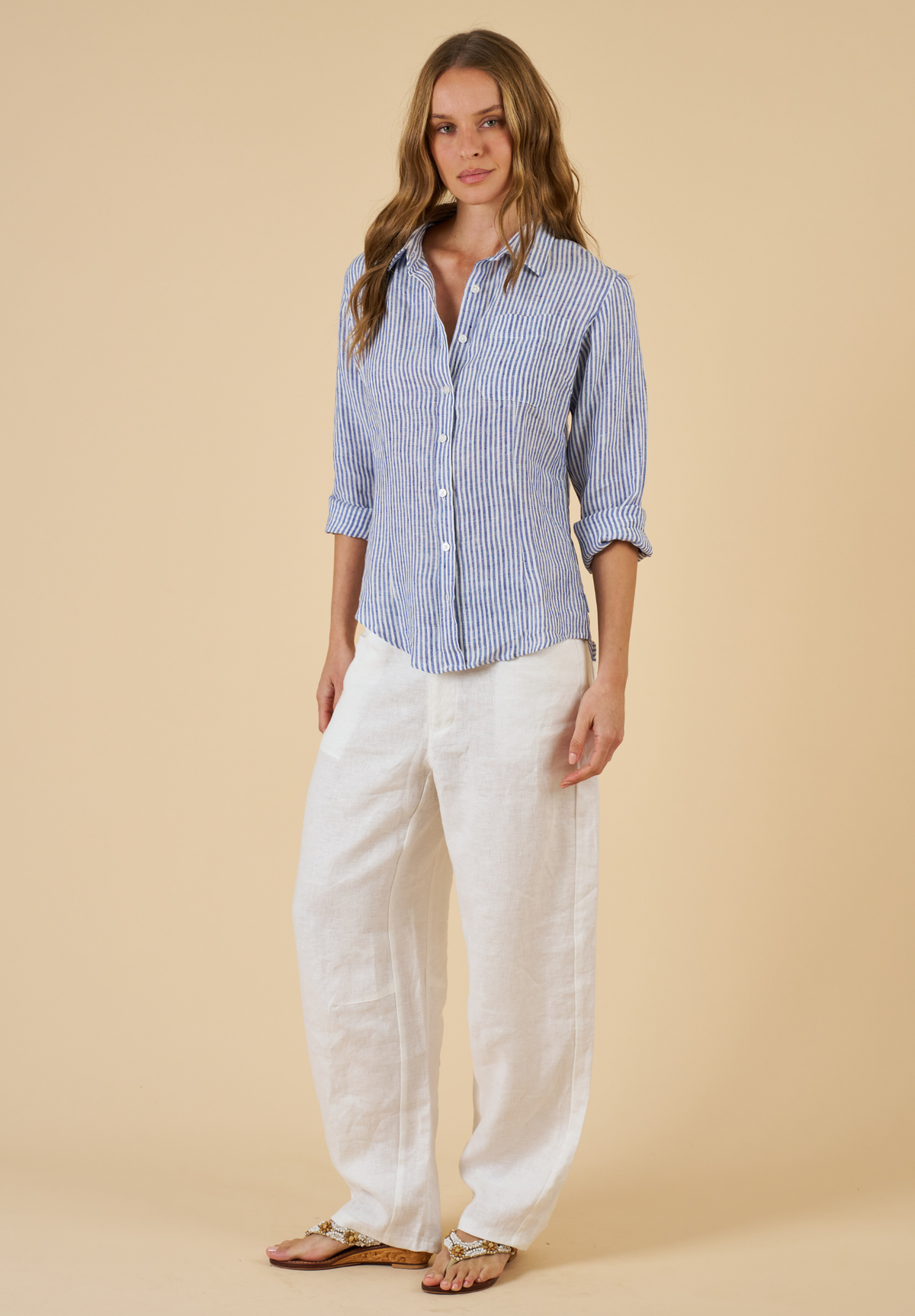 Rina Navy Blue Pin Stripes Slim-Fit Linen Cotton Shirt