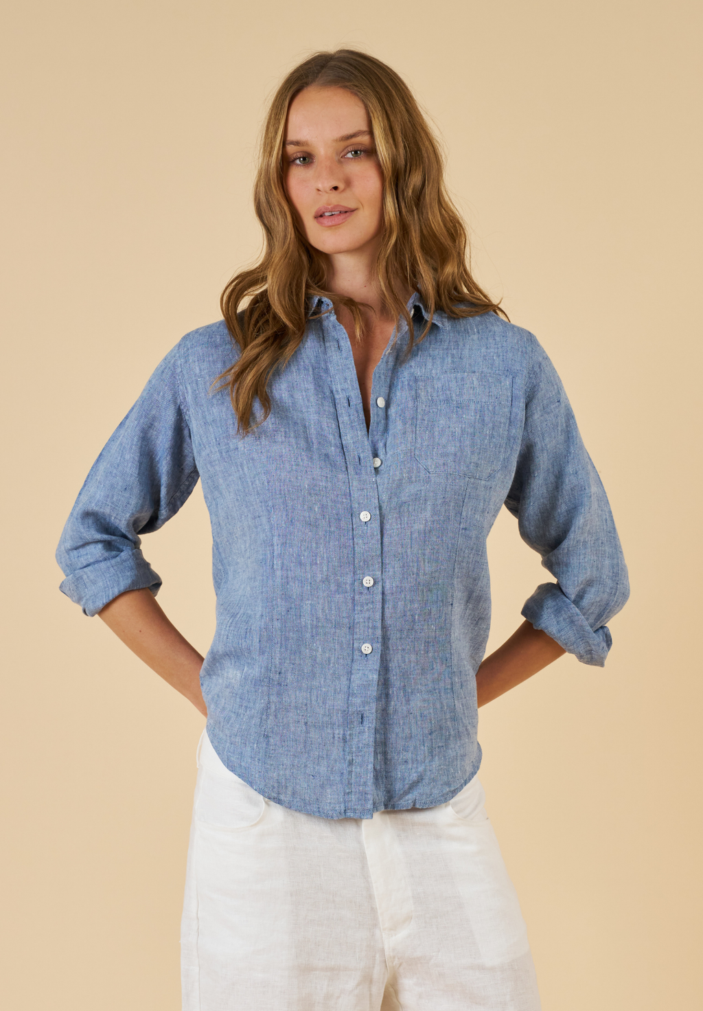 Lina Blue Melange Slim-Fit Linen Shirt