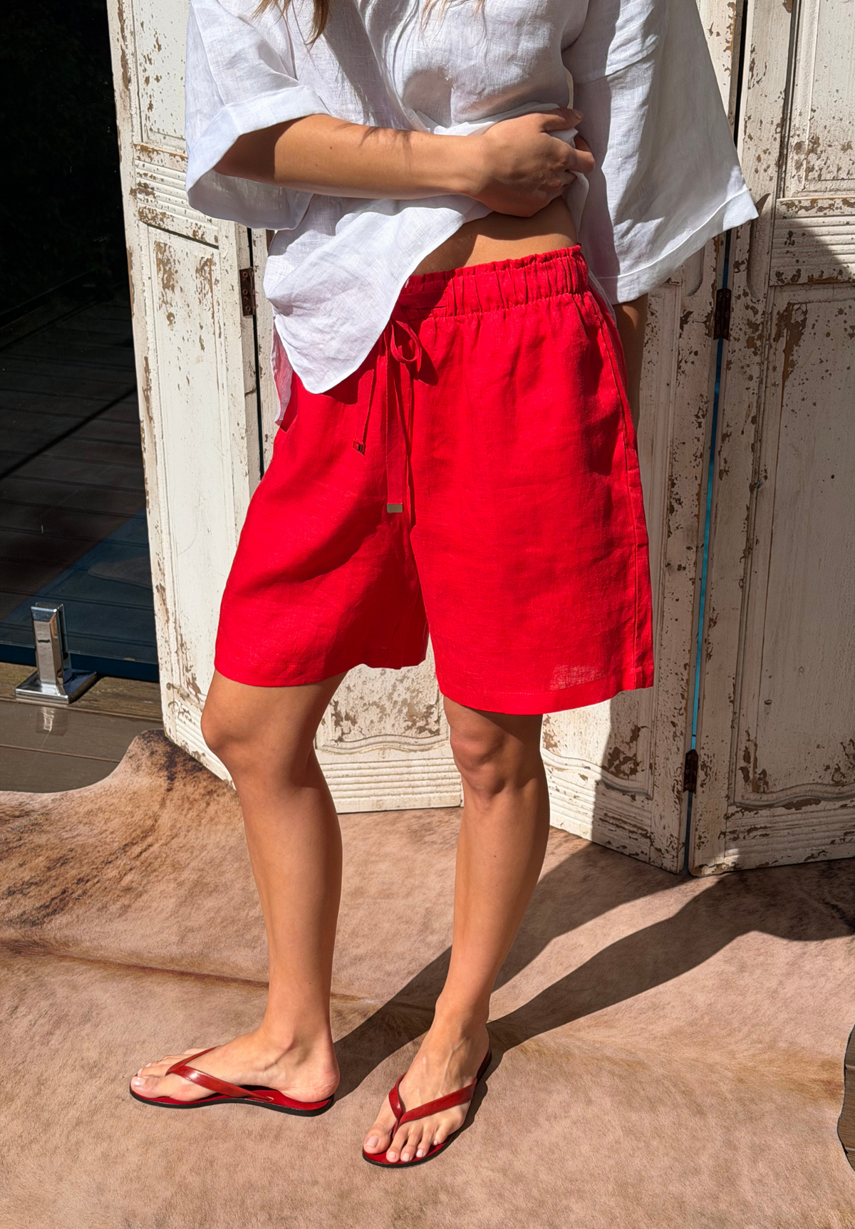 Panthea Red Linen Shorts