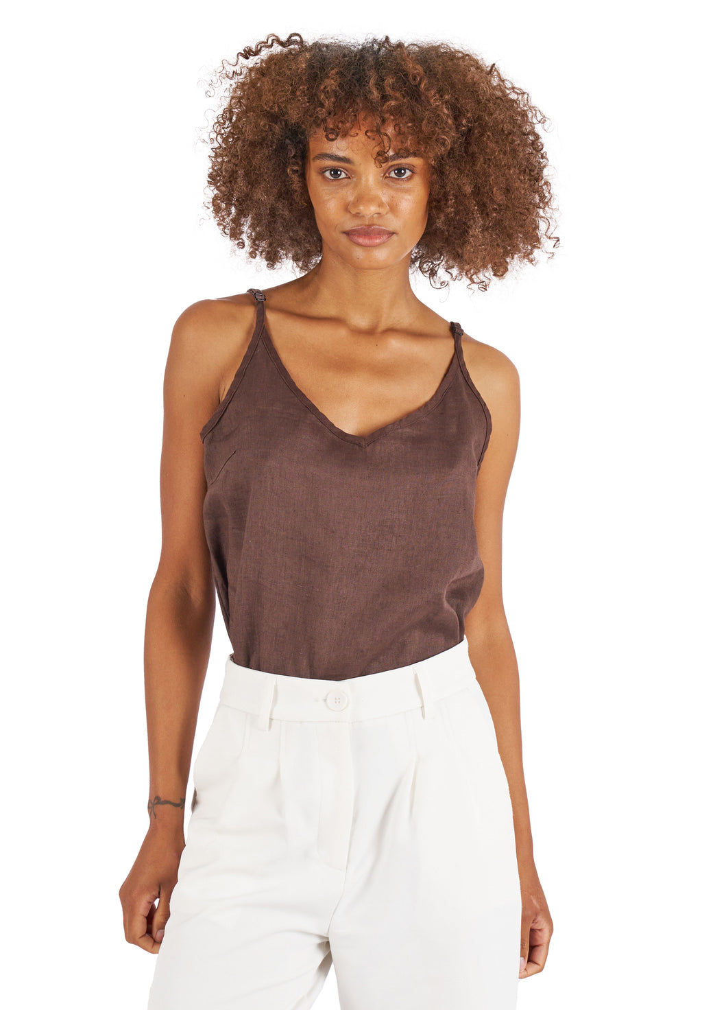 Cami-V Coffee Linen Top
