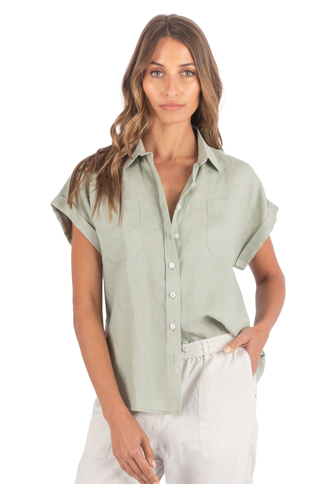 Capri Sage Green Short Sleeve Linen Shirt