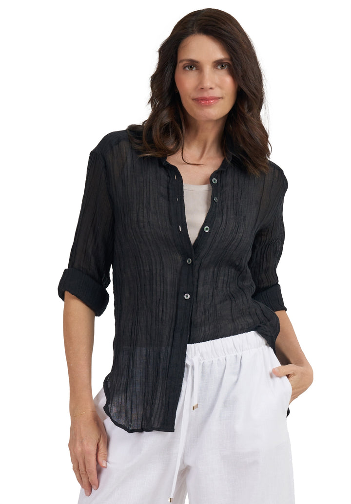 Crinkle-Shirt Black Oversized Linen Shirt