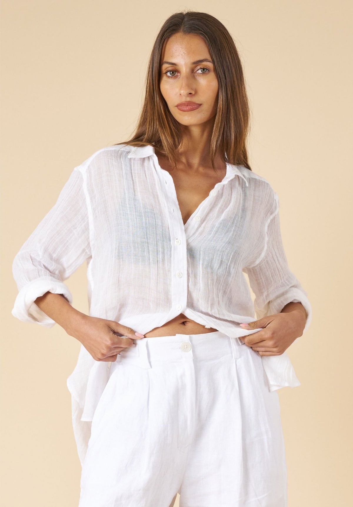 Crinkle-Shirt White Oversized Linen Shirt