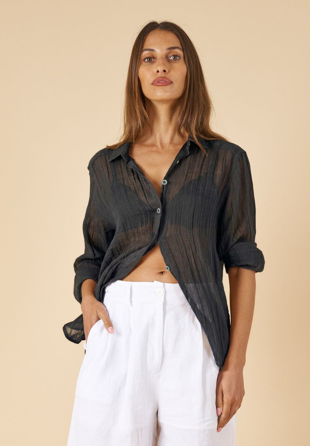 Crinkle-Shirt Black Oversized Linen Shirt