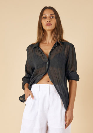 Crinkle-Shirt Black Oversized Linen Shirt