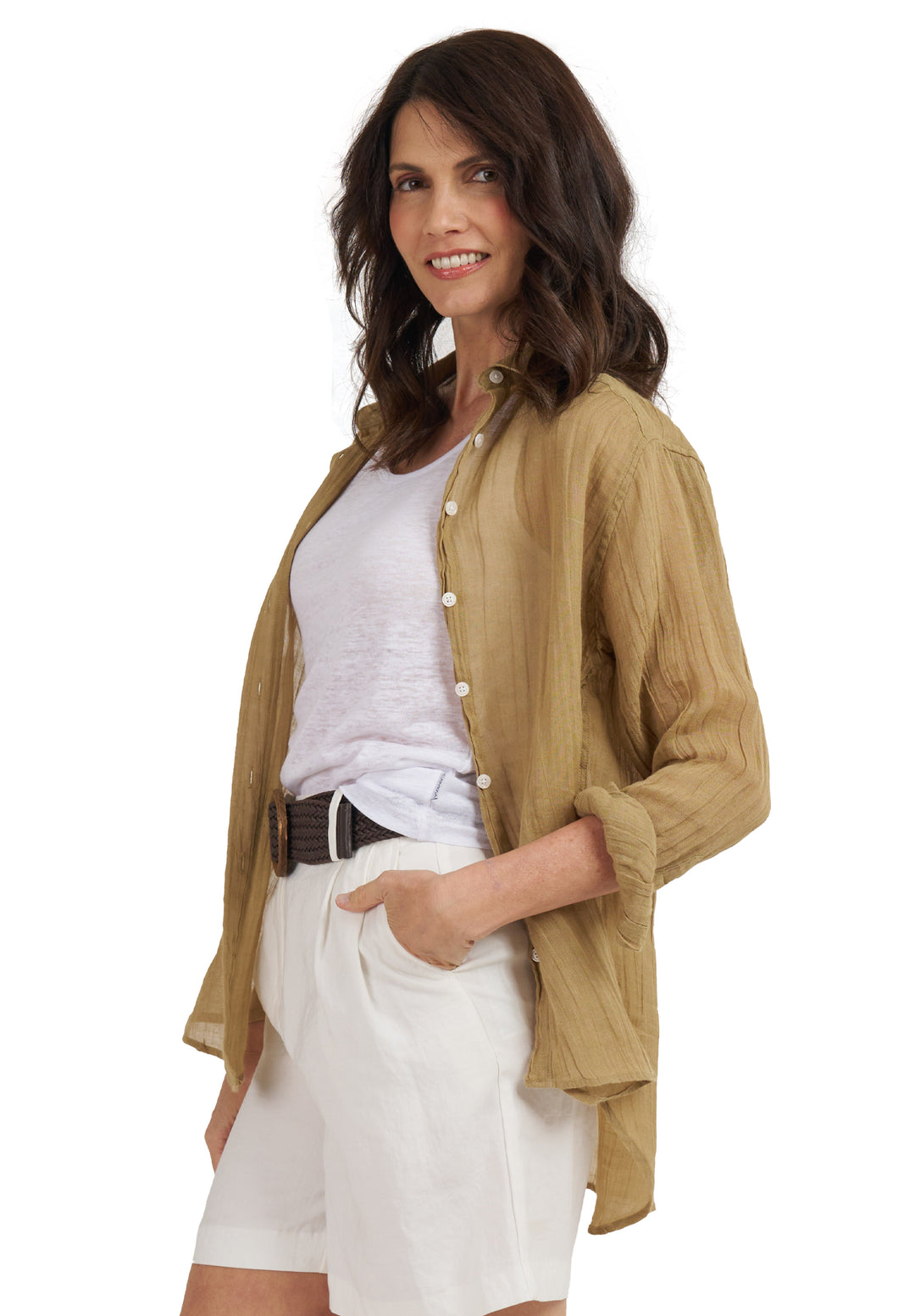 Crinkle-Shirt Khaki Oversized Linen Shirt