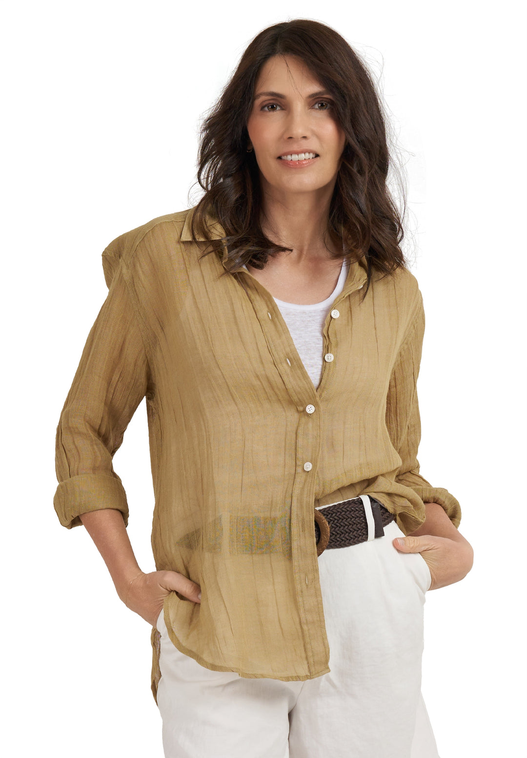 Crinkle-Shirt Khaki Oversized Linen Shirt