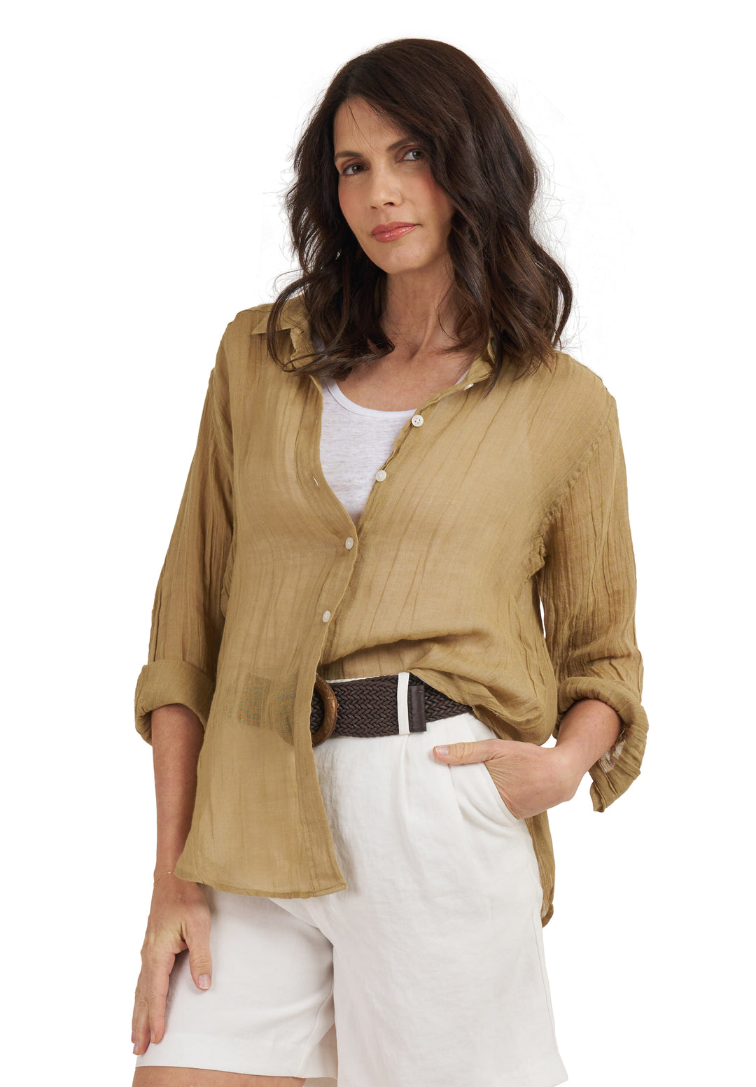 Crinkle-Shirt Khaki Oversized Linen Shirt