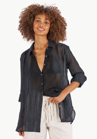 Crinkle-Shirt Black Oversized Linen Shirt