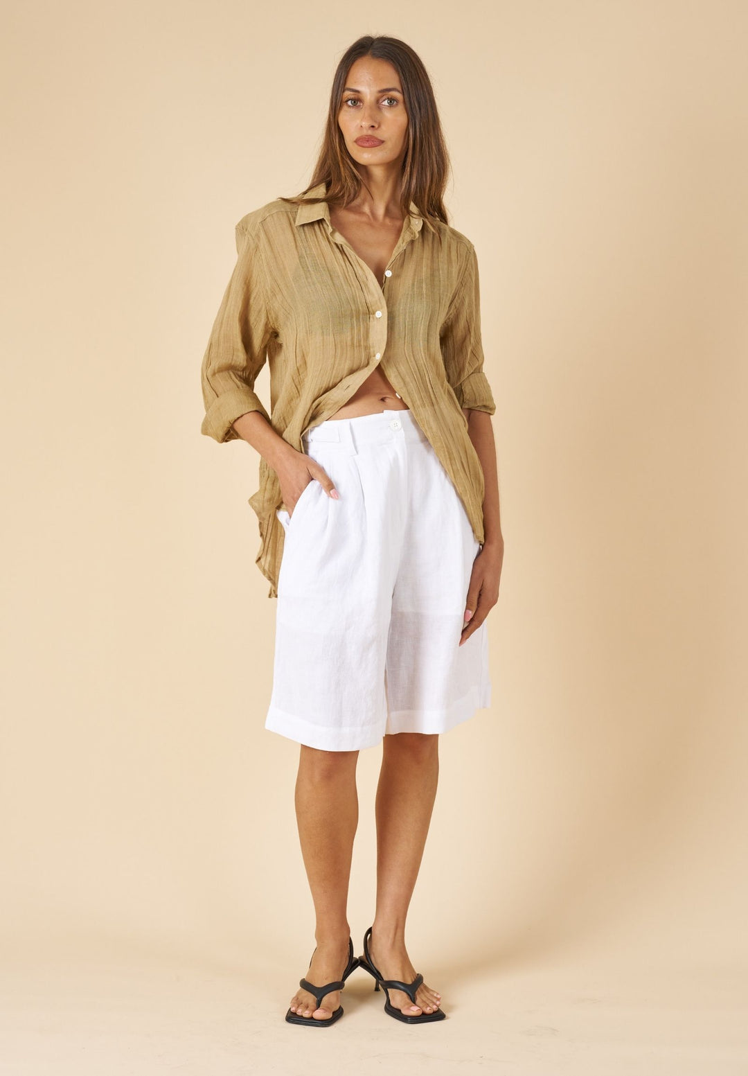 Crinkle-Shirt Khaki Oversized Linen Shirt
