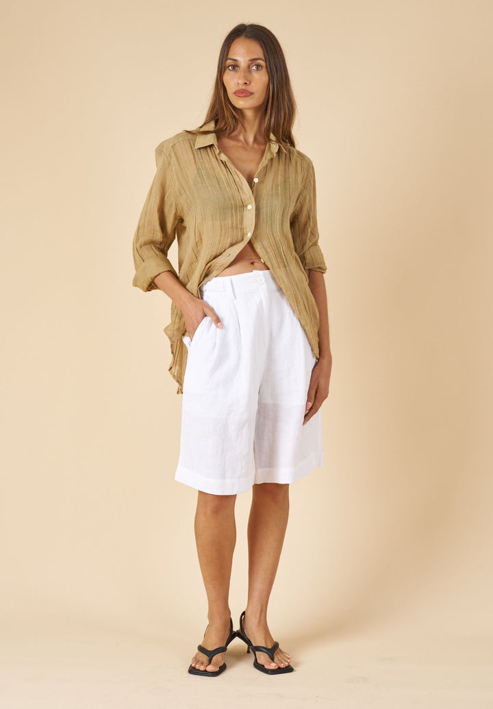 Crinkle-Shirt Khaki Oversized Linen Shirt