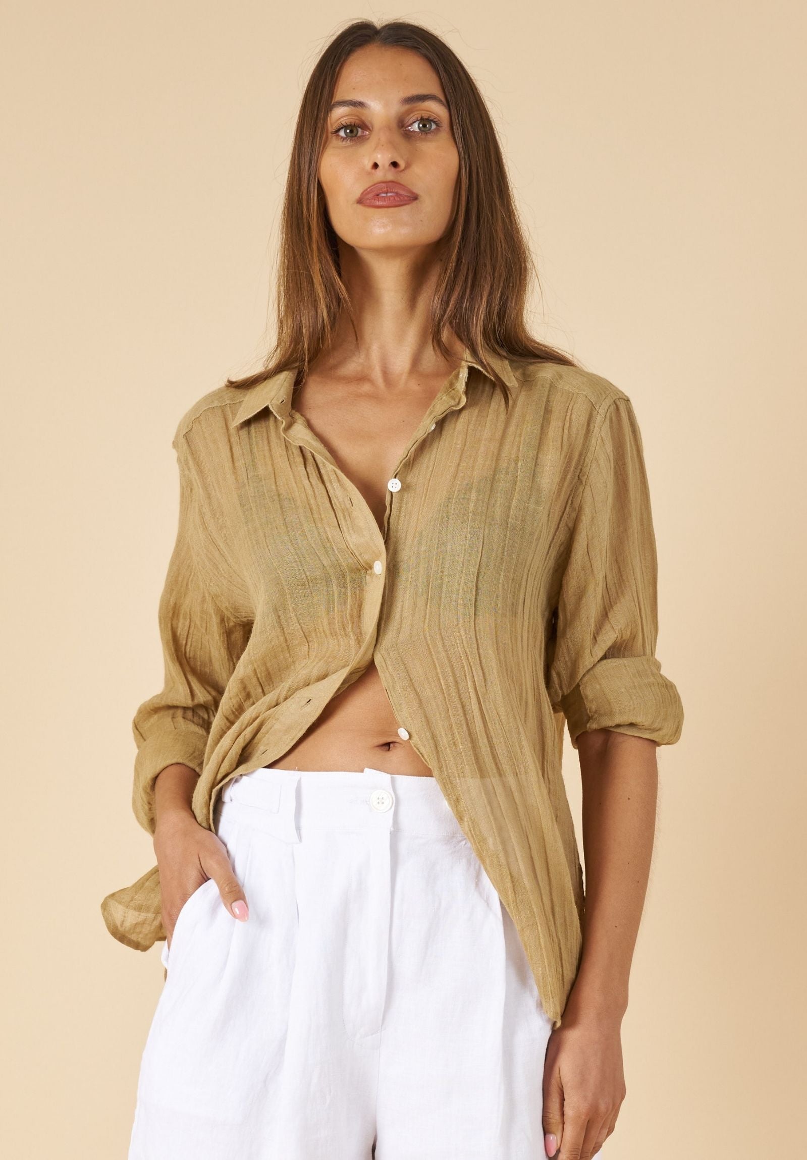 Crinkle-Shirt Khaki Oversized Linen Shirt
