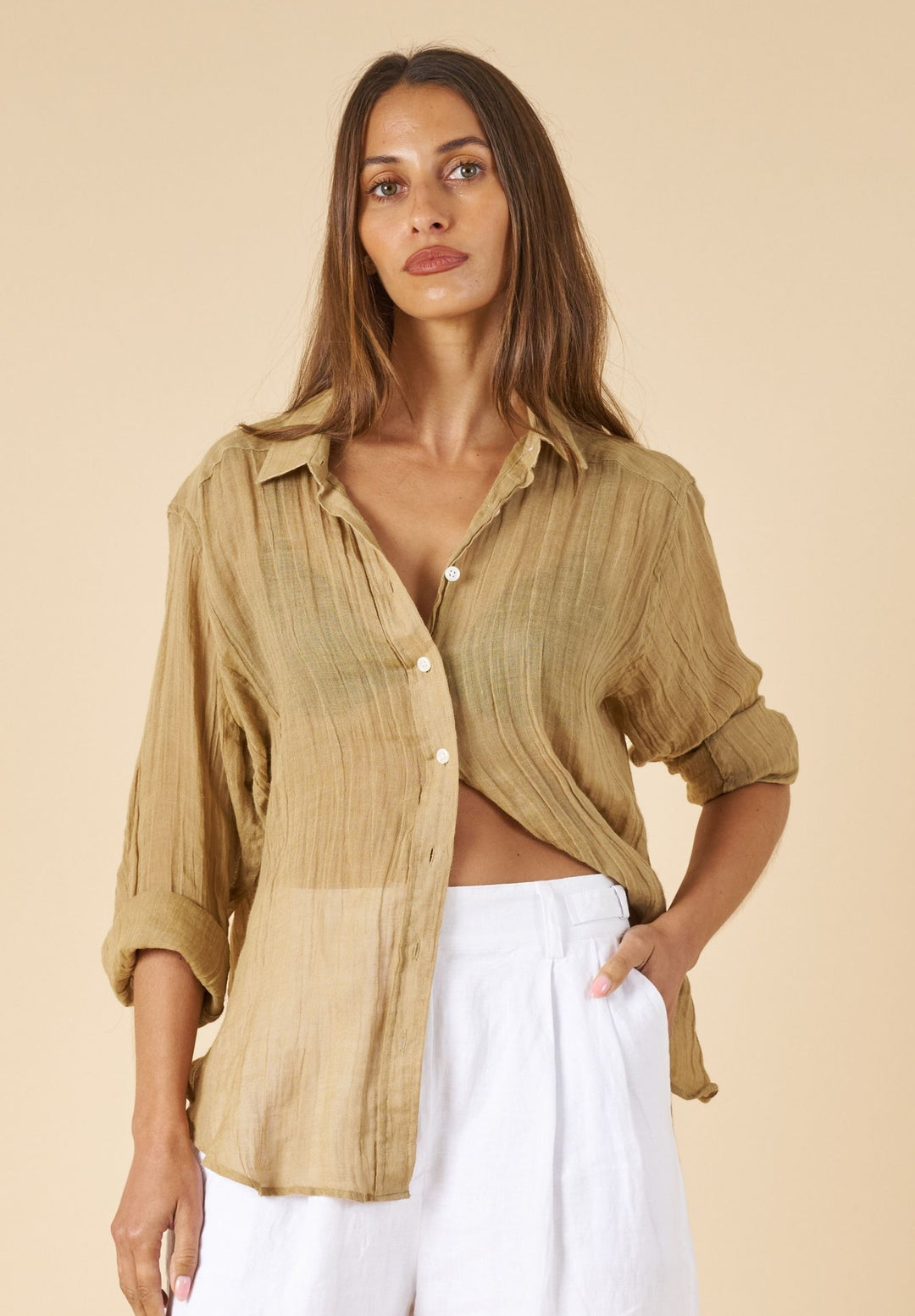 Crinkle-Shirt Khaki Oversized Linen Shirt