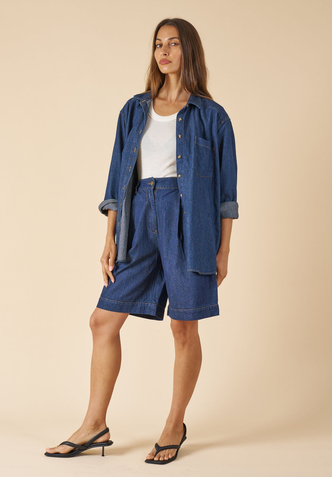 Bermuda Dark Blue Denim Linen Shorts