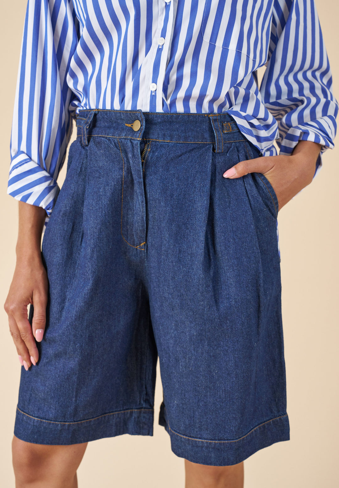 Bermuda Dark Blue Denim Linen Shorts