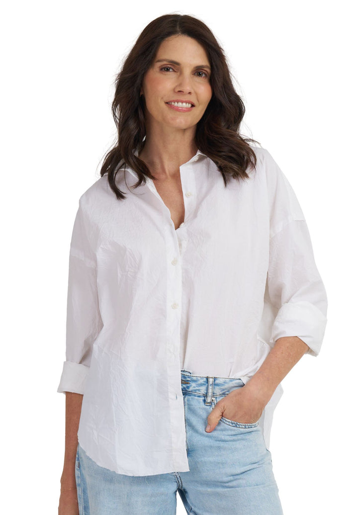 Exal-Cotton White Oversized Frayed Edge Cotton Shirt