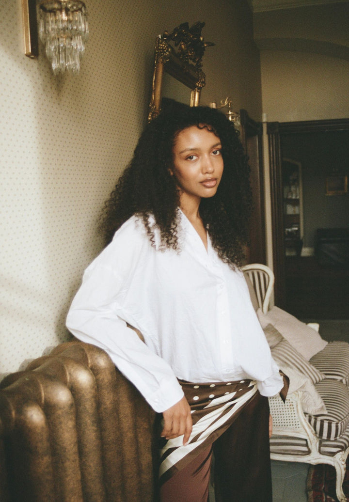 Exal-Cotton White Oversized Frayed Edge Cotton Shirt