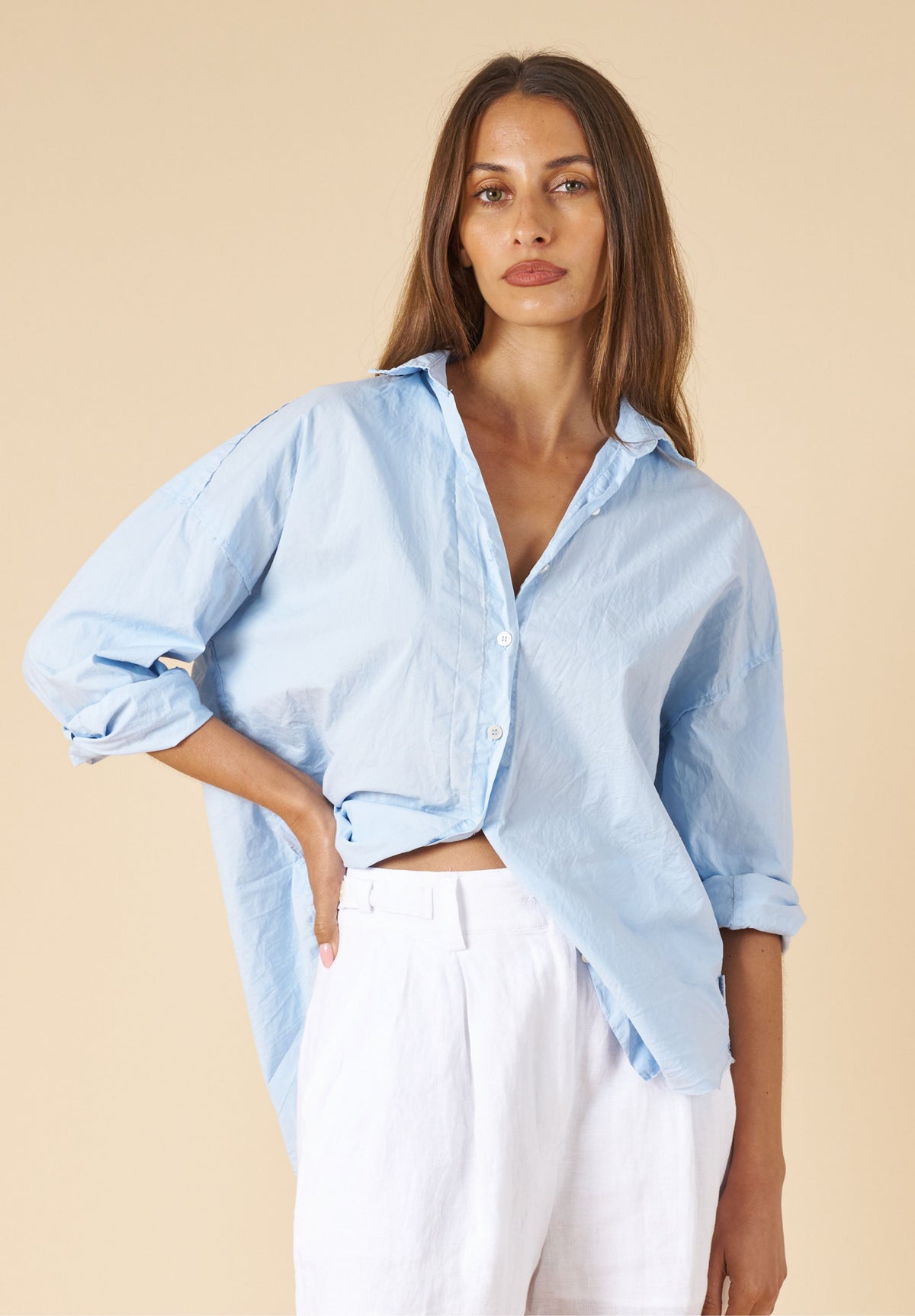 Exal-Cotton Sky Blue Oversized Frayed Edge Cotton Shirt