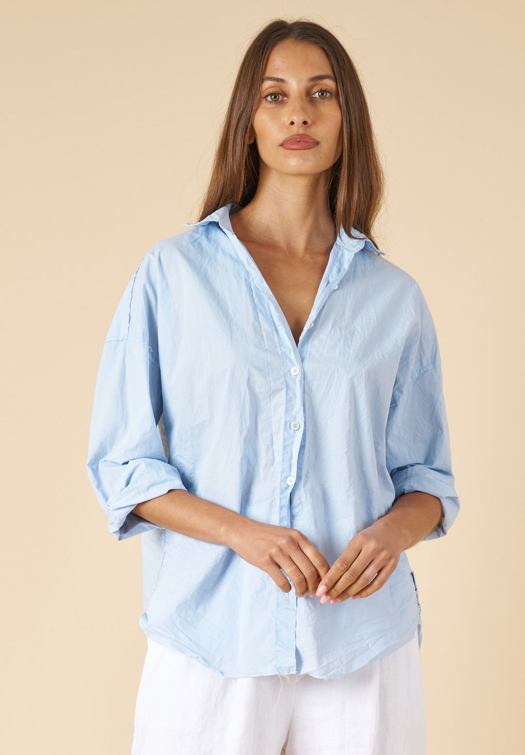 Exal-Cotton Sky Blue Oversized Frayed Edge Cotton Shirt
