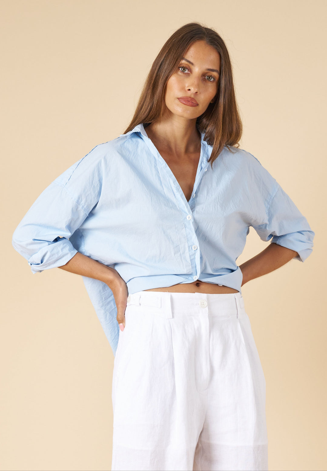 Exal-Cotton Sky Blue Oversized Frayed Edge Cotton Shirt