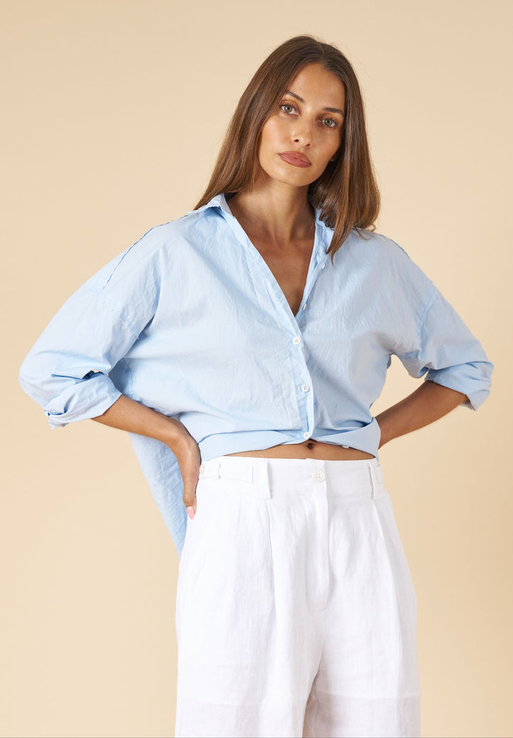 Exal-Cotton Sky Blue Oversized Frayed Edge Cotton Shirt