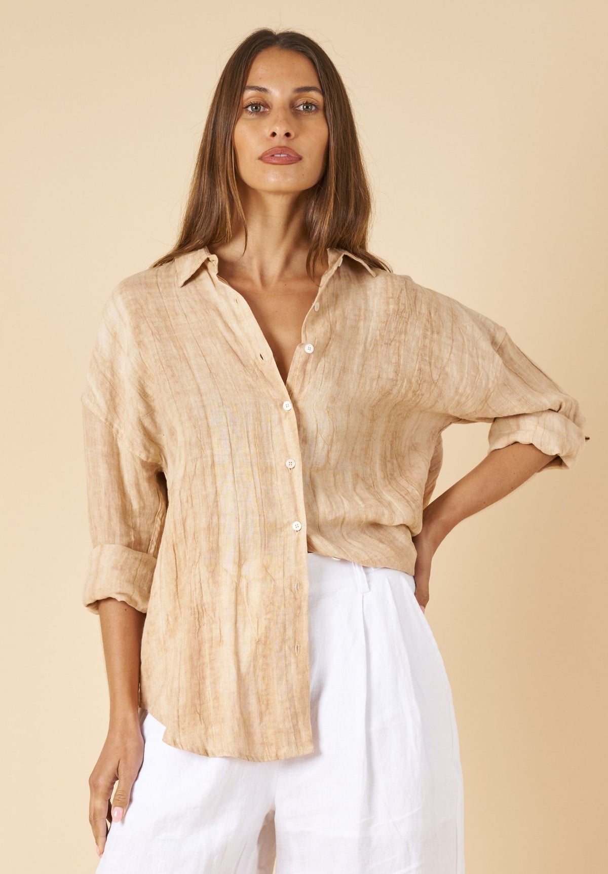 Exalina Sand Tie-Dye Crinkle Linen Shirt