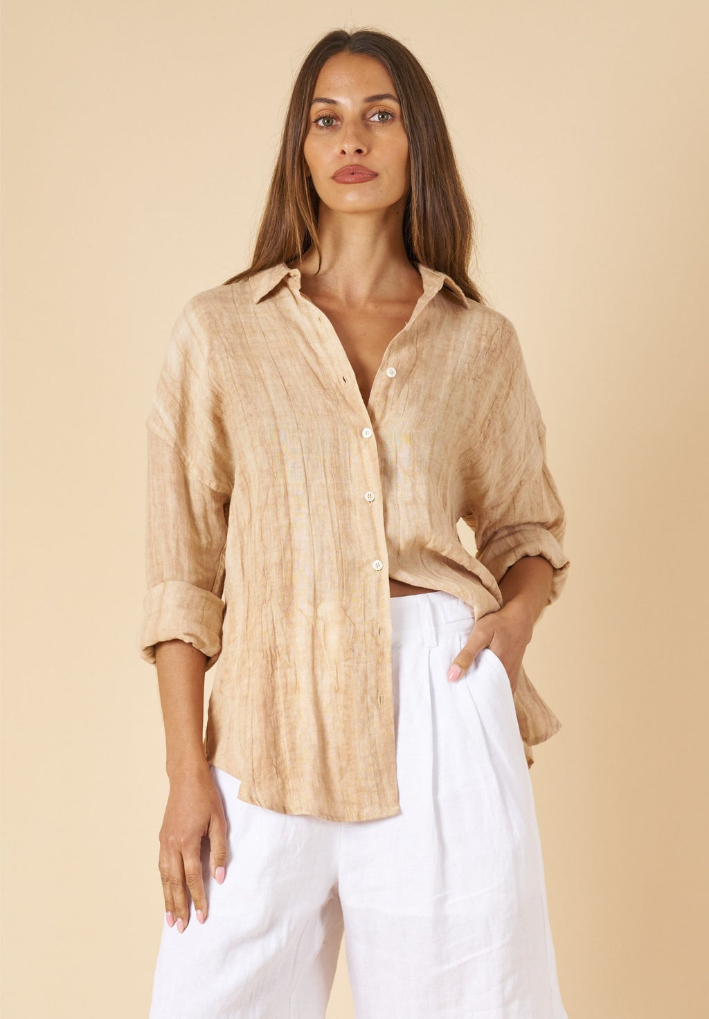 Exalina Sand Tie-Dye Crinkle Linen Shirt